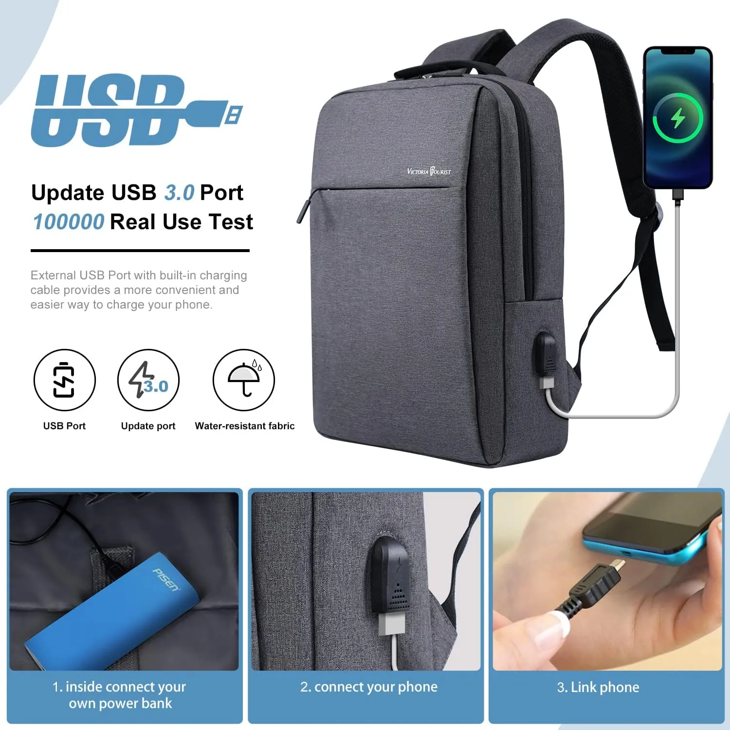 Victoriatourist Laptop Backpack 15.6 Inch, Business Slim Durable Travel Backpacks with USB Charging Port, College Computer Bag Gifts for Men and Women Fits Notebook (Grey)
