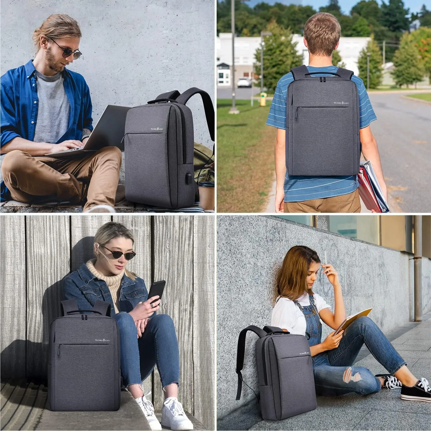 Victoriatourist Laptop Backpack 15.6 Inch, Business Slim Durable Travel Backpacks with USB Charging Port, College Computer Bag Gifts for Men and Women Fits Notebook (Grey)