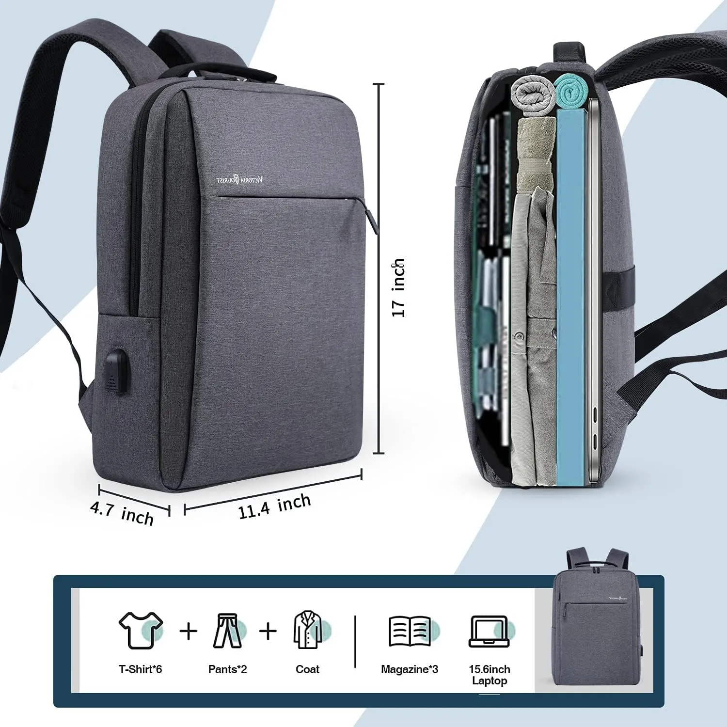 Victoriatourist Laptop Backpack 15.6 Inch, Business Slim Durable Travel Backpacks with USB Charging Port, College Computer Bag Gifts for Men and Women Fits Notebook (Grey)