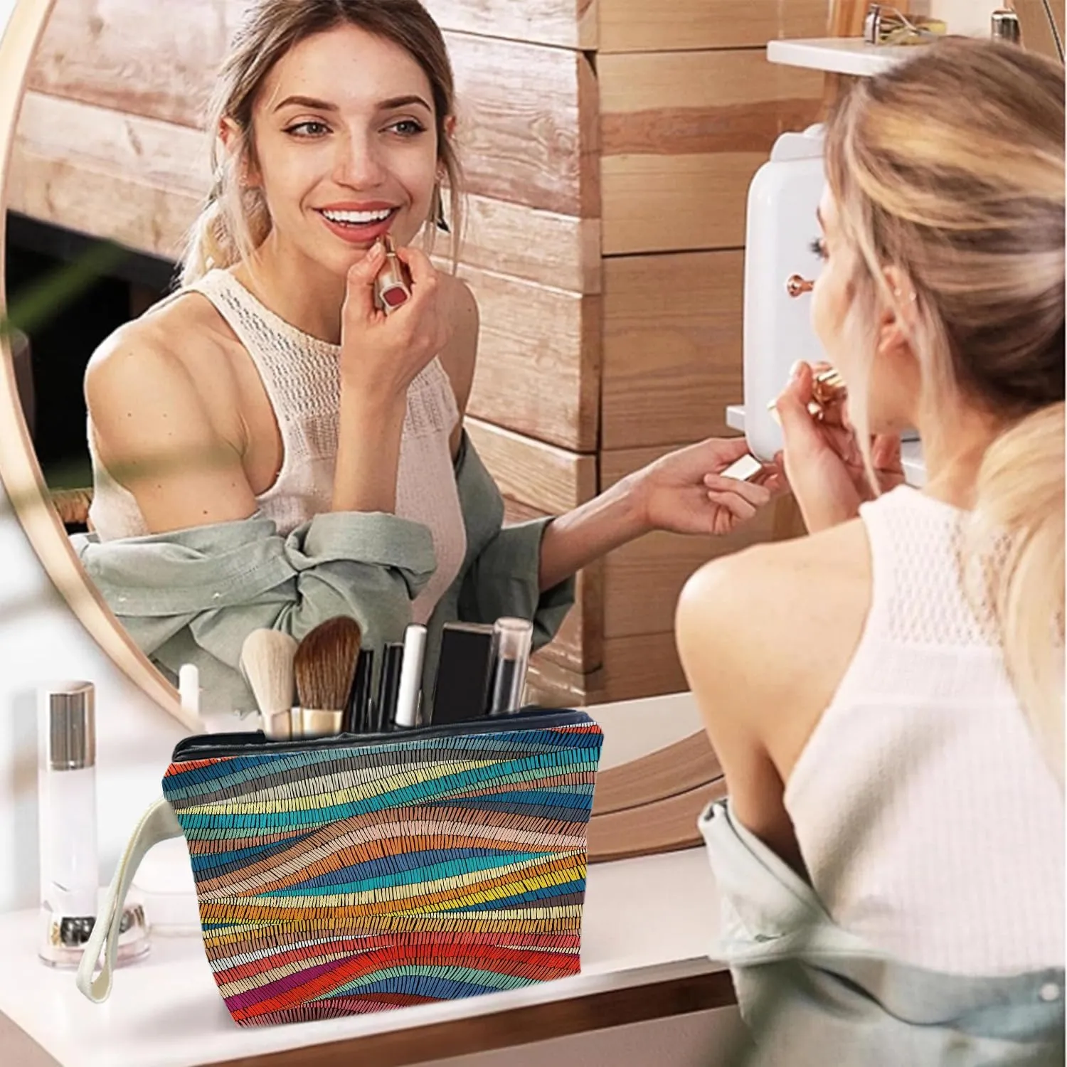 Vintage Boho Rainbow Makeup Bag - Boho Rainbow Themed Gifts for Lovers Girls Mom Women, Canvas Zipper Makeup Bag, Cosmetic Travel Bags for Women