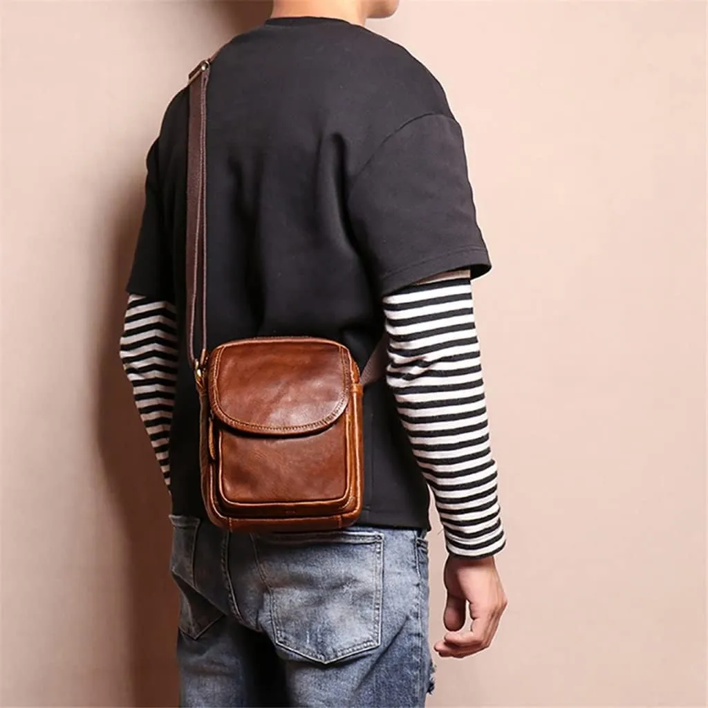 Vintage Crossbody Bag Genuine Leather Men's Shoulder Brown Casual Classic Messenger Man Small Bags 7.9 Inch