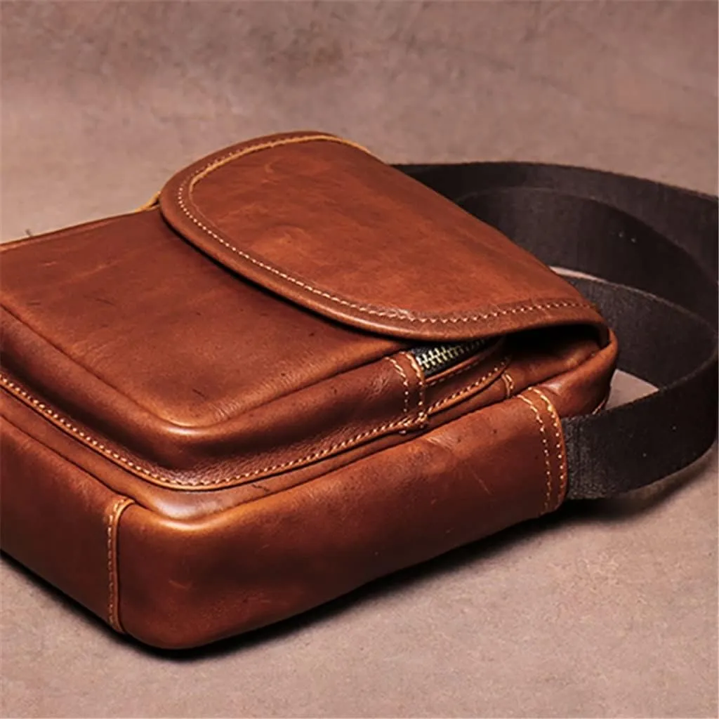 Vintage Crossbody Bag Genuine Leather Men's Shoulder Brown Casual Classic Messenger Man Small Bags 7.9 Inch