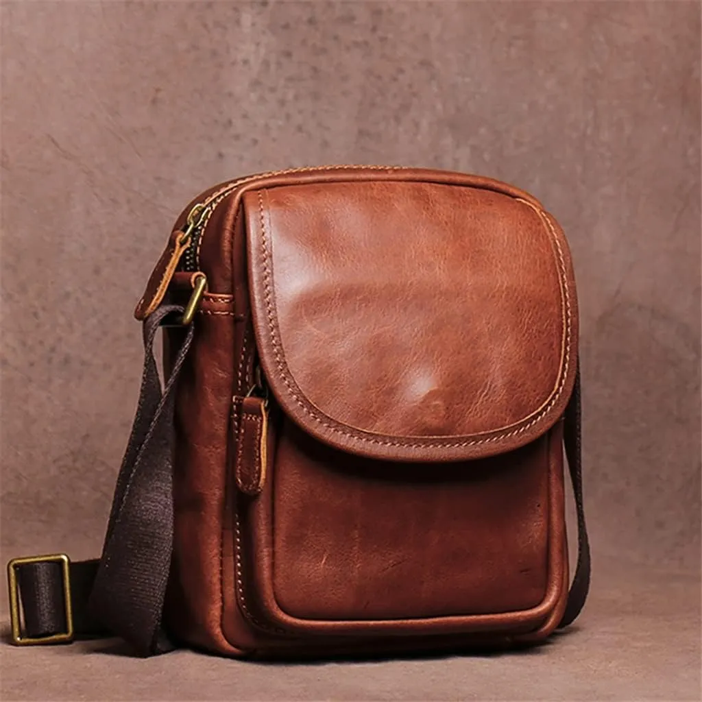 Vintage Crossbody Bag Genuine Leather Men's Shoulder Brown Casual Classic Messenger Man Small Bags 7.9 Inch