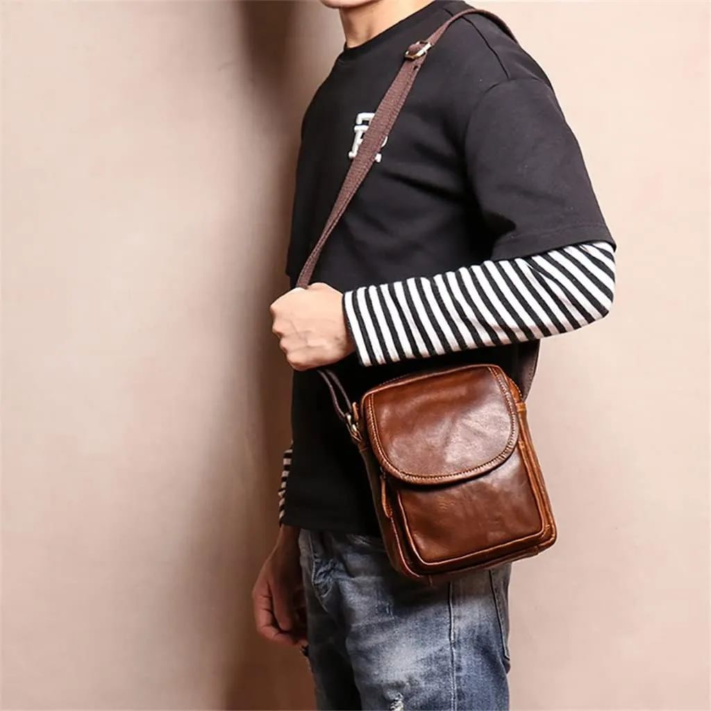 Vintage Crossbody Bag Genuine Leather Men's Shoulder Brown Casual Classic Messenger Man Small Bags 7.9 Inch