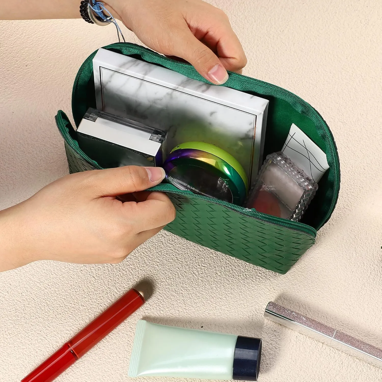 VOCOSTE Weave Makeup Bag, Waterproof Cosmetic Bag Travel Handy Cosmetic Handbag Organizer Toiletry Bag for Women, Green