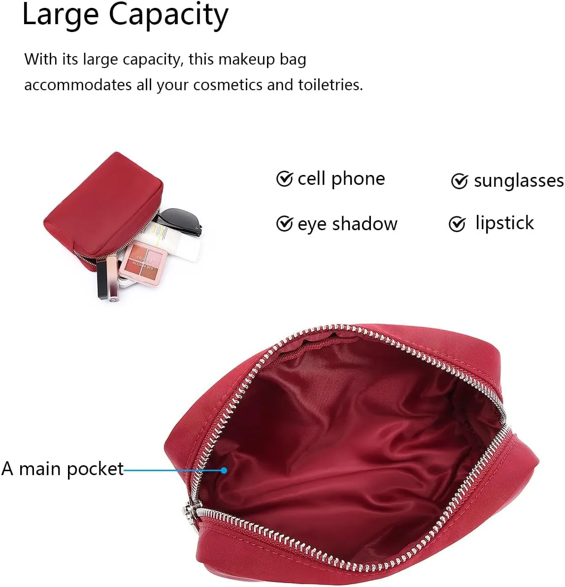 Waterproof Makeup Bag Large Capacity Women's Classic Black Wash Bag Adjustable Partition Wash Bag Brush and Cosmetic Carrying Bag (Burgundy Red)