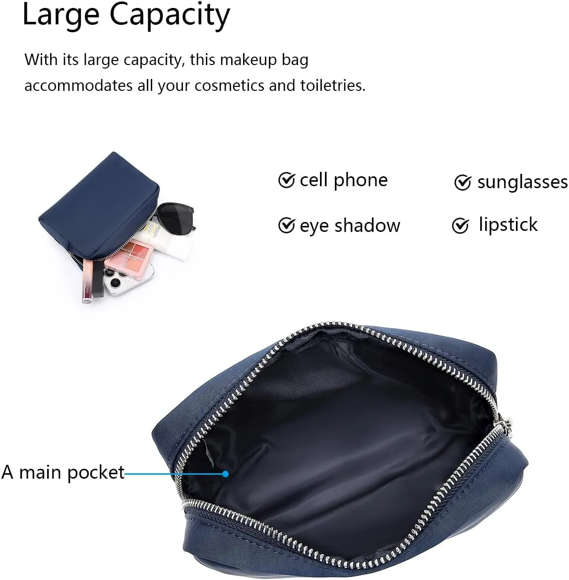 Waterproof Makeup Bag Large Capacity Women's Classic Black Wash Bag Adjustable Partition Wash Bag Brush and Cosmetic Carrying Bag (Navy Blue)