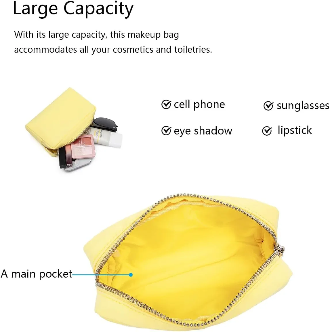 Waterproof Makeup Bag Large Capacity Women's Classic Black Wash Bag Adjustable Partition Wash Bag Brush and Cosmetic Carrying Bag (Yellow)