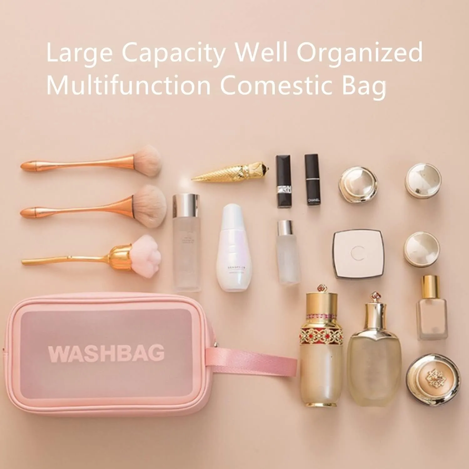 Waterproof Toiletry Bag for Women Men, Translucent Makeup Cosmetic Travel Organizer Bag Wash Bag for Travel Bathroom Toiletries Accessories with Handy Handle (Pink)