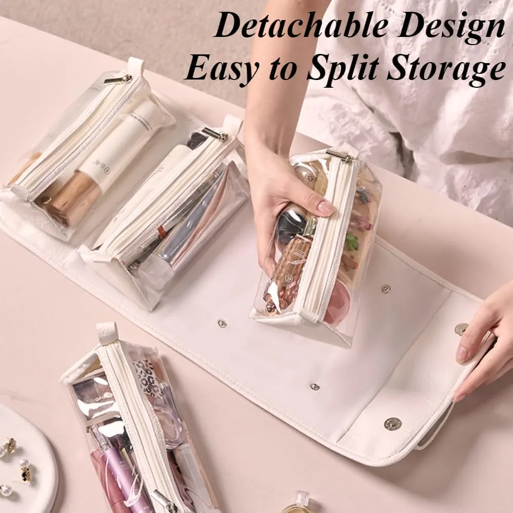 Waterproof Travel Toiletry Bag 4 Detachable Clear Multi Compartment, Portable 4 In 1 Large Capacity Makeup Bag, Roll Up Makeup Bag Hanging Travel Organizer Folding Cosmetic Bag (Black)