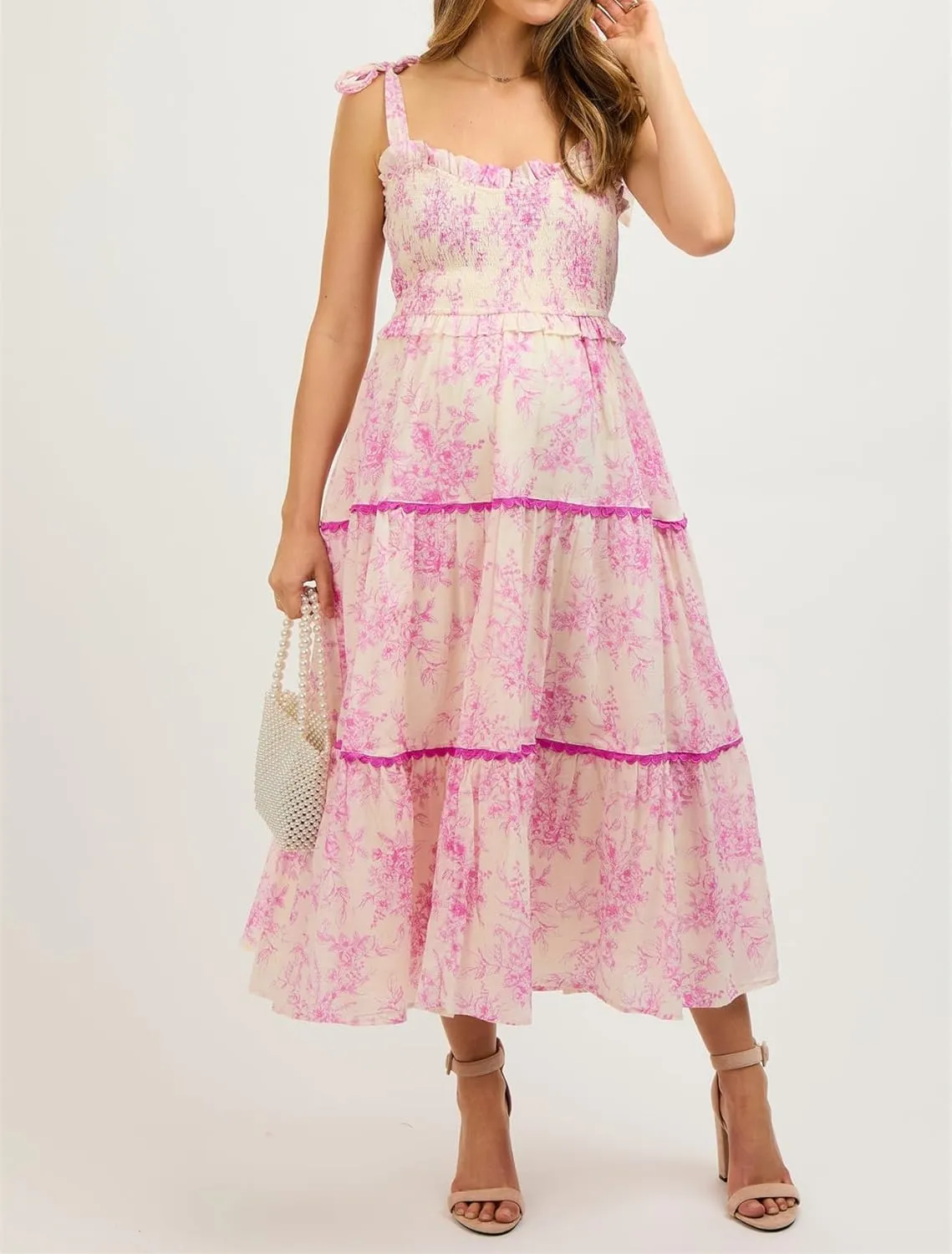 Women Floral Boho Maxi Dress Tie Shoulder Flowy Swing Smocked Dress Summer Backless Long Sundress