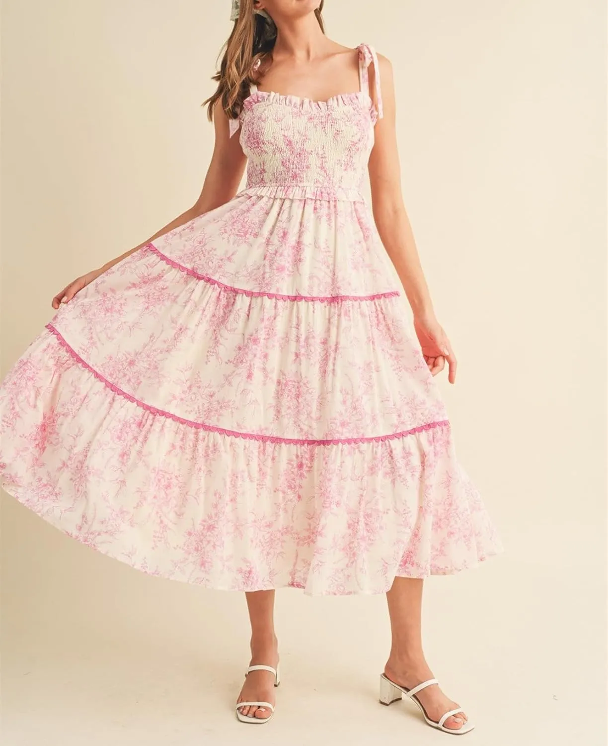 Women Floral Boho Maxi Dress Tie Shoulder Flowy Swing Smocked Dress Summer Backless Long Sundress