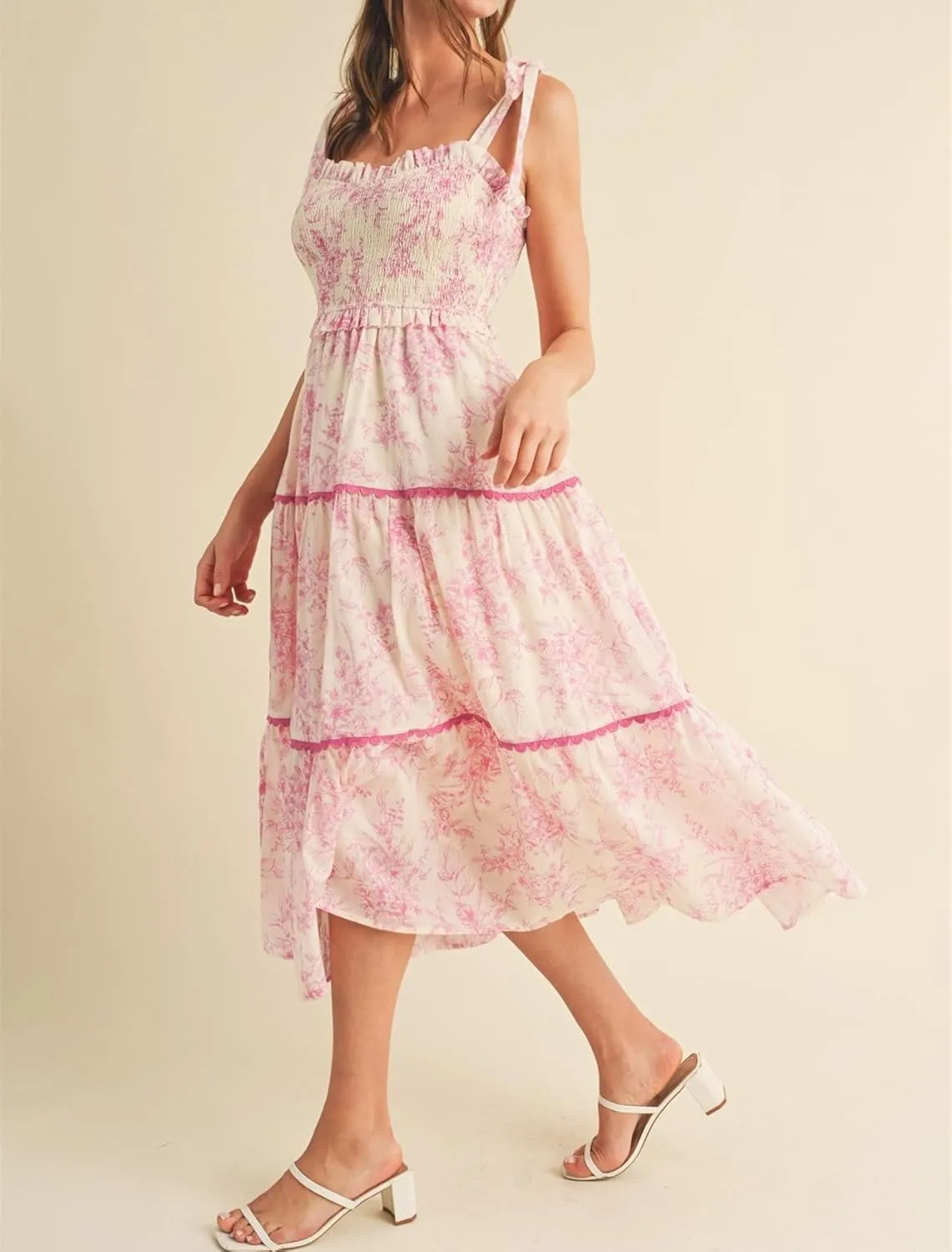 Women Floral Boho Maxi Dress Tie Shoulder Flowy Swing Smocked Dress Summer Backless Long Sundress