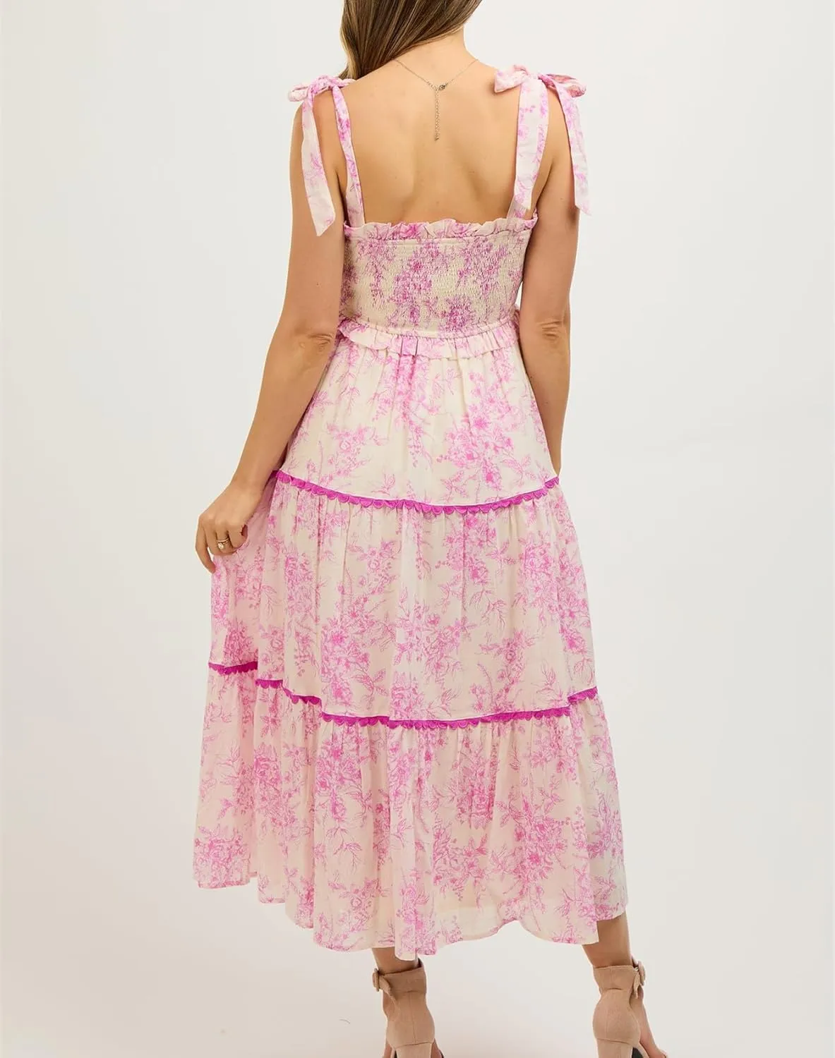 Women Floral Boho Maxi Dress Tie Shoulder Flowy Swing Smocked Dress Summer Backless Long Sundress