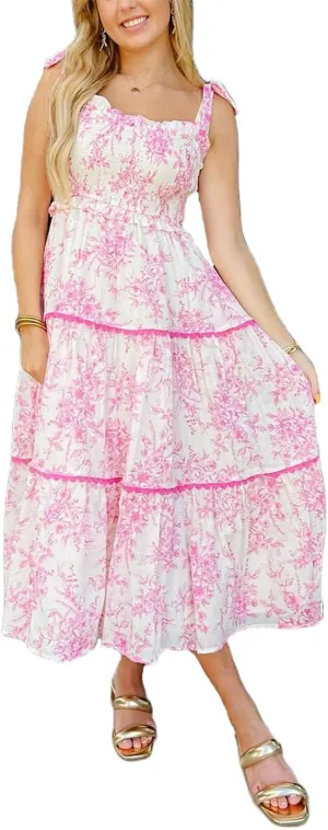 Women Floral Boho Maxi Dress Tie Shoulder Flowy Swing Smocked Dress Summer Backless Long Sundress