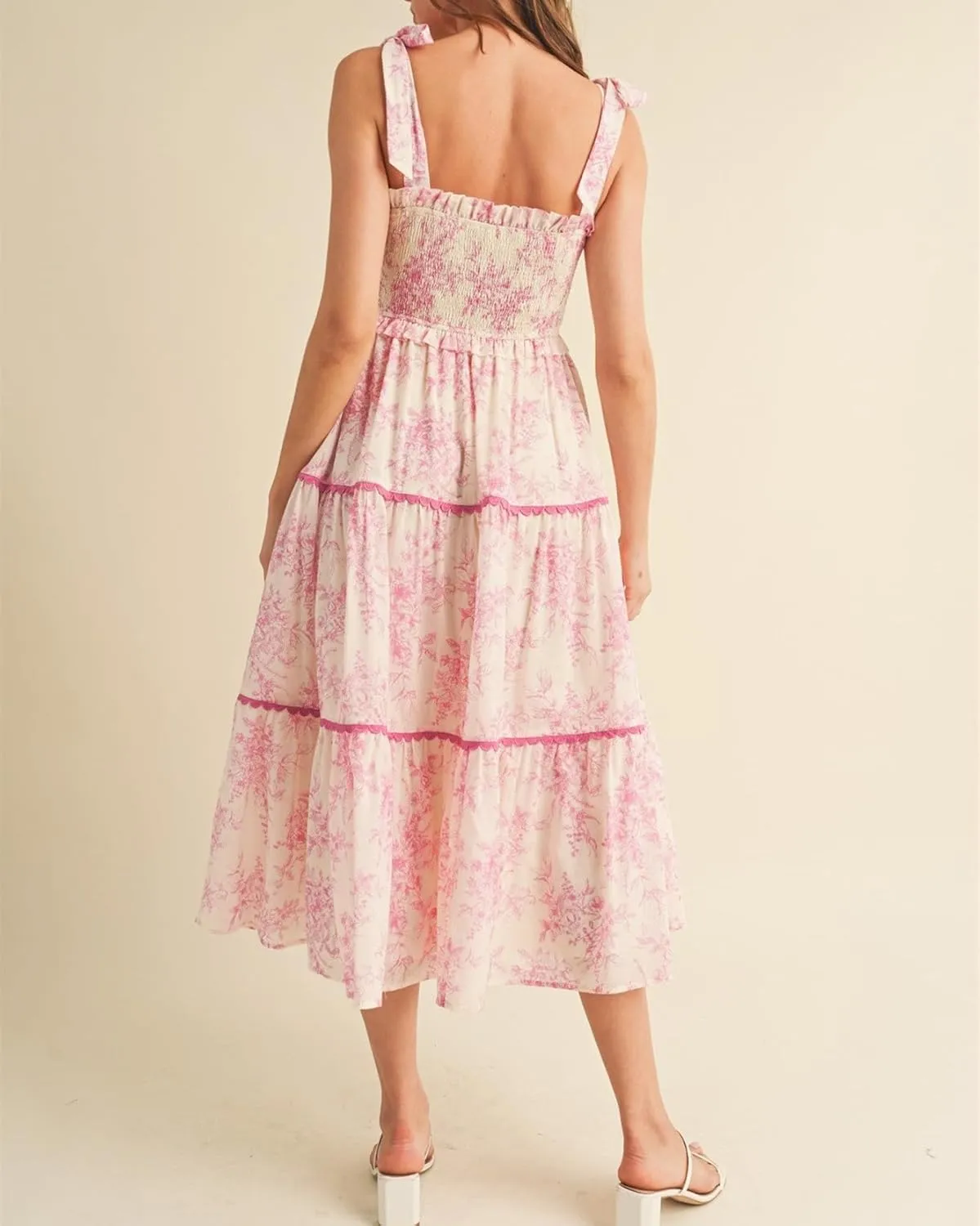 Women Floral Boho Maxi Dress Tie Shoulder Flowy Swing Smocked Dress Summer Backless Long Sundress