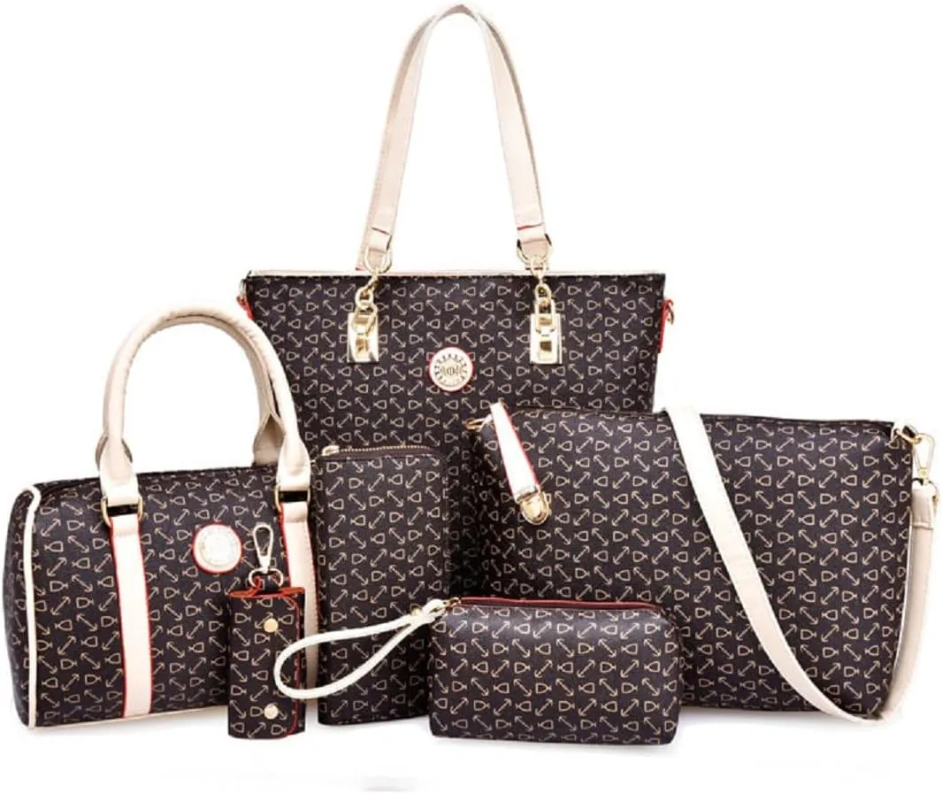 Women Handbag Set 6 Pcs PU Leather Tote Purse Multi-purpose Classic Shoulder Bag Top Handle Bag Satchel(Coffee)