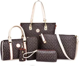 Women Handbag Set 6 Pcs PU Leather Tote Purse Multi-purpose Classic Shoulder Bag Top Handle Bag Satchel(Coffee)