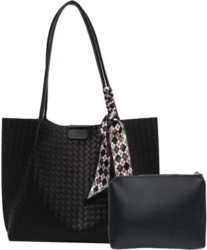 Women's Boho-Chic Woven Tote Vegan Leather Hobo Bag with Detachable Shoulder Strap & Purse