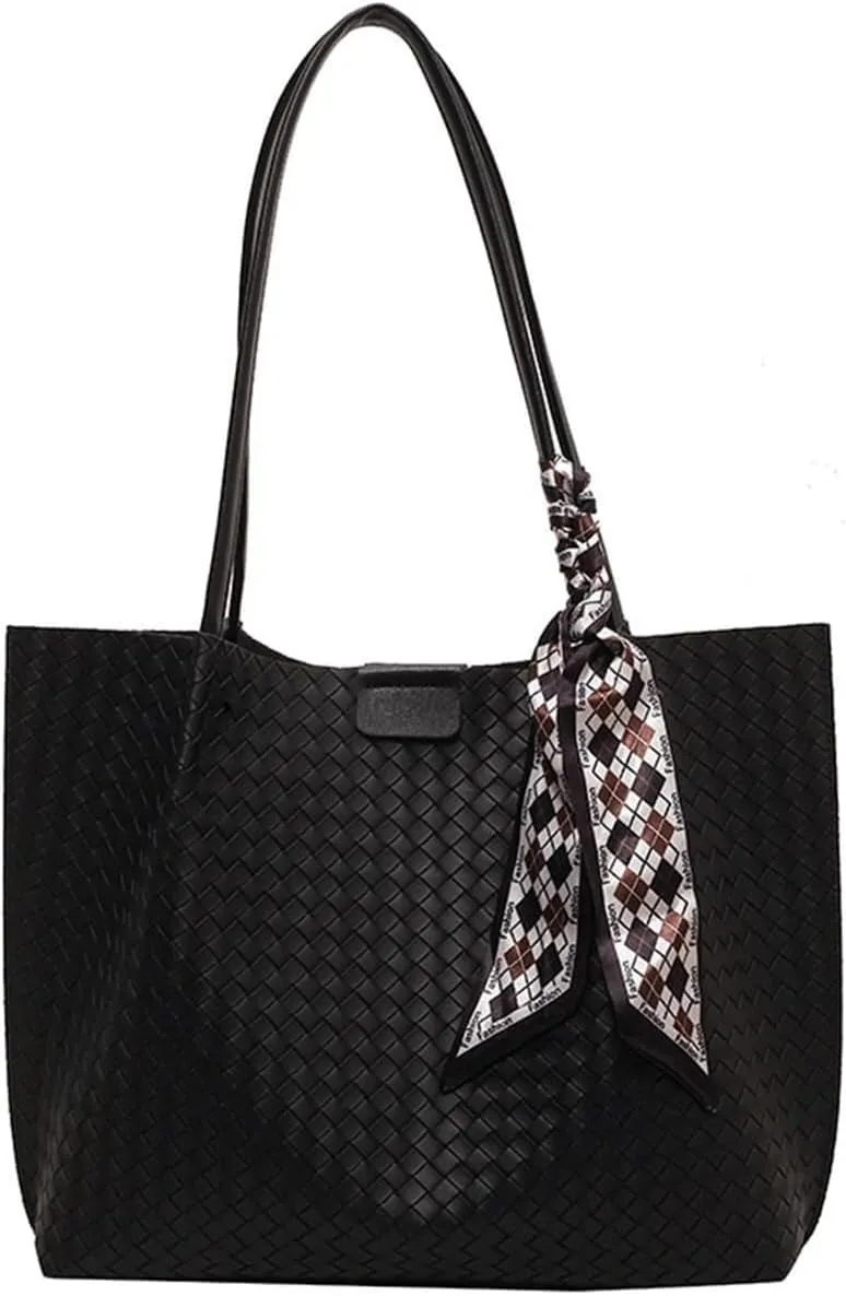 Women's Boho-Chic Woven Tote Vegan Leather Hobo Bag with Detachable Shoulder Strap & Purse