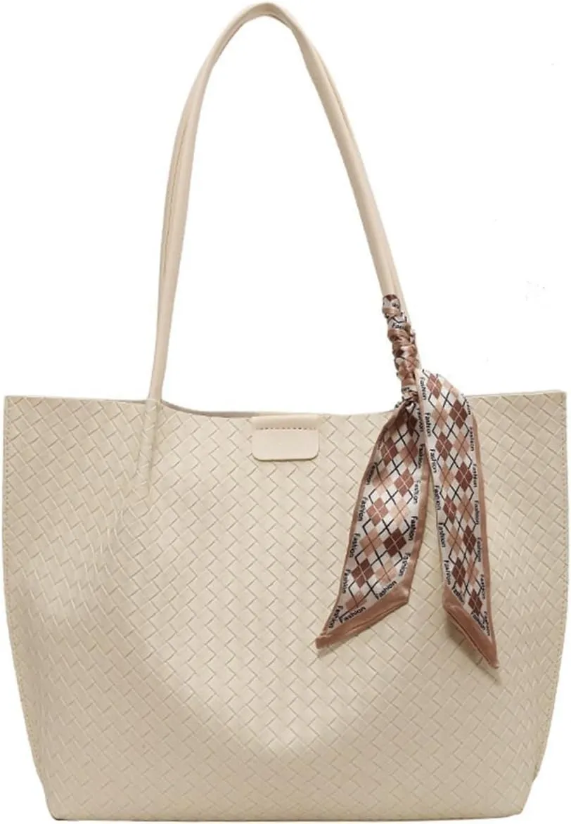 Women's Boho-Chic Woven Tote Vegan Leather Hobo Bag with Detachable Shoulder Strap & Purse