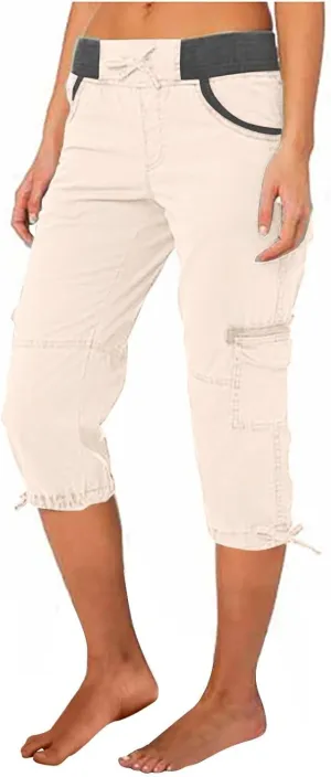 Womens Cargo Capris Pants Summer Casual Drawstring Low Waisted Hiking Jogger Outdoor Athletic 3/4 Trousers Pockets