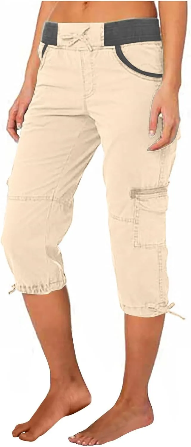 Womens Cargo Capris Pants Summer Casual Drawstring Low Waisted Hiking Jogger Outdoor Athletic 3/4 Trousers Pockets