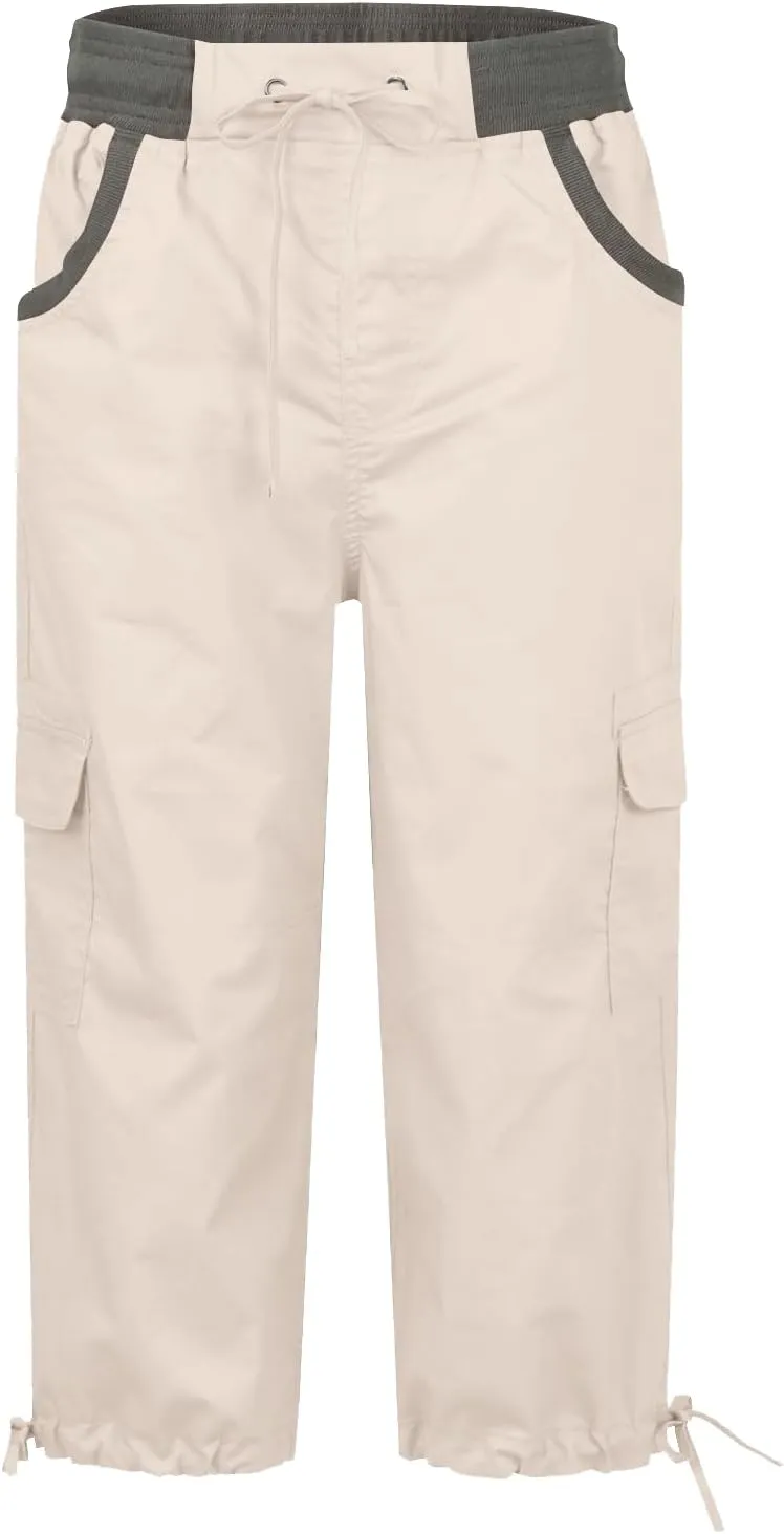 Womens Cargo Capris Pants Summer Casual Drawstring Low Waisted Hiking Jogger Outdoor Athletic 3/4 Trousers Pockets