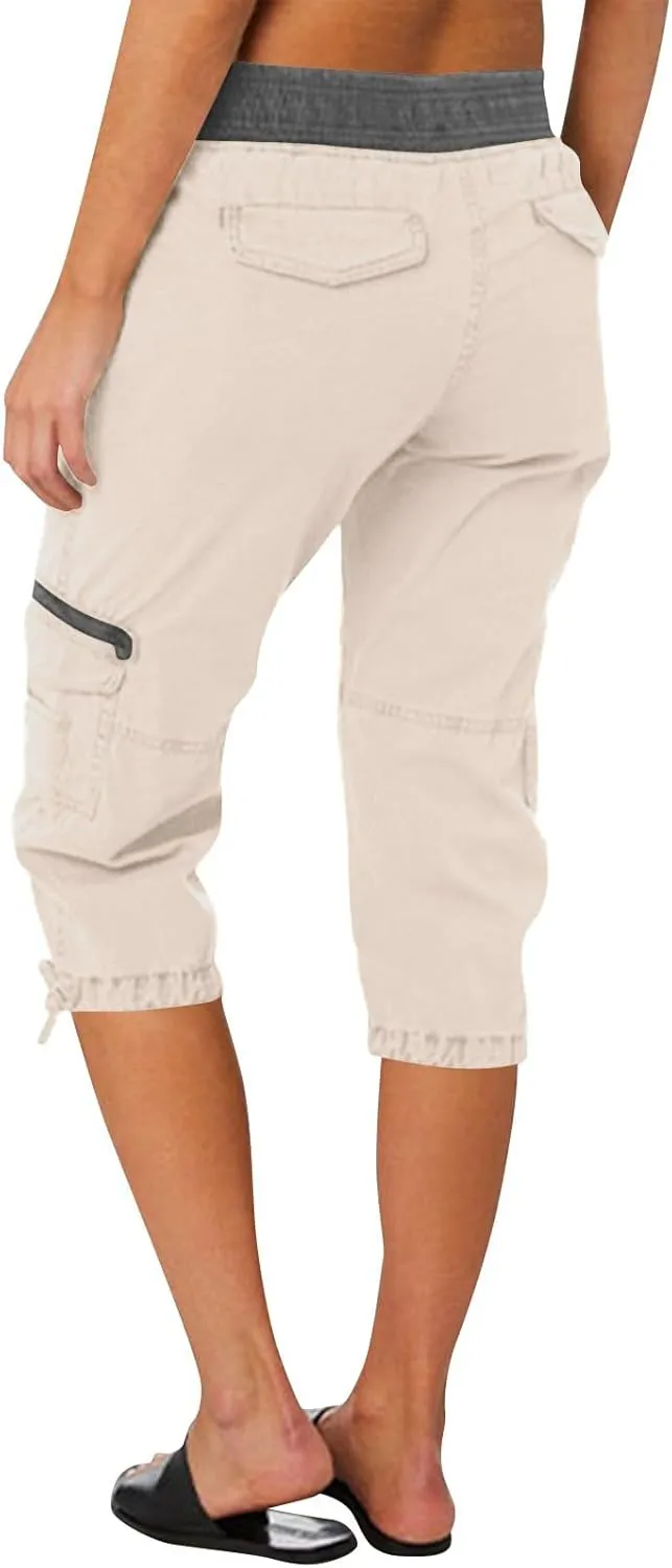 Womens Cargo Capris Pants Summer Casual Drawstring Low Waisted Hiking Jogger Outdoor Athletic 3/4 Trousers Pockets