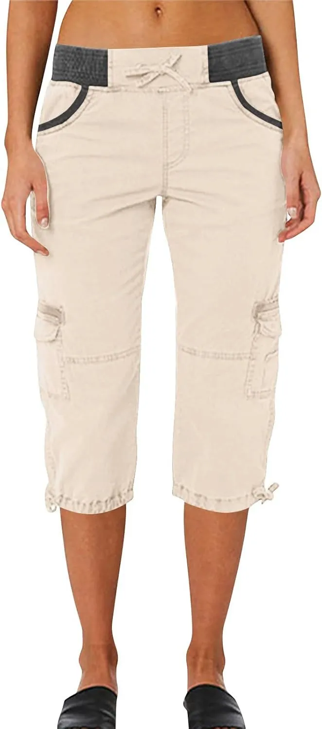 Womens Cargo Capris Pants Summer Casual Drawstring Low Waisted Hiking Jogger Outdoor Athletic 3/4 Trousers Pockets