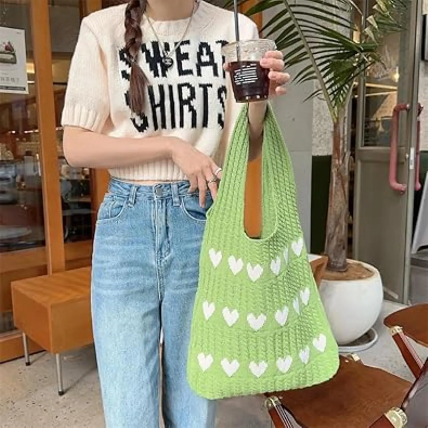 Women's Crochet Tote Bags Boho Tote Bags Heart-shaped Beach Handbags Knit Vacation Aesthetic Casual Love Hobo Bags