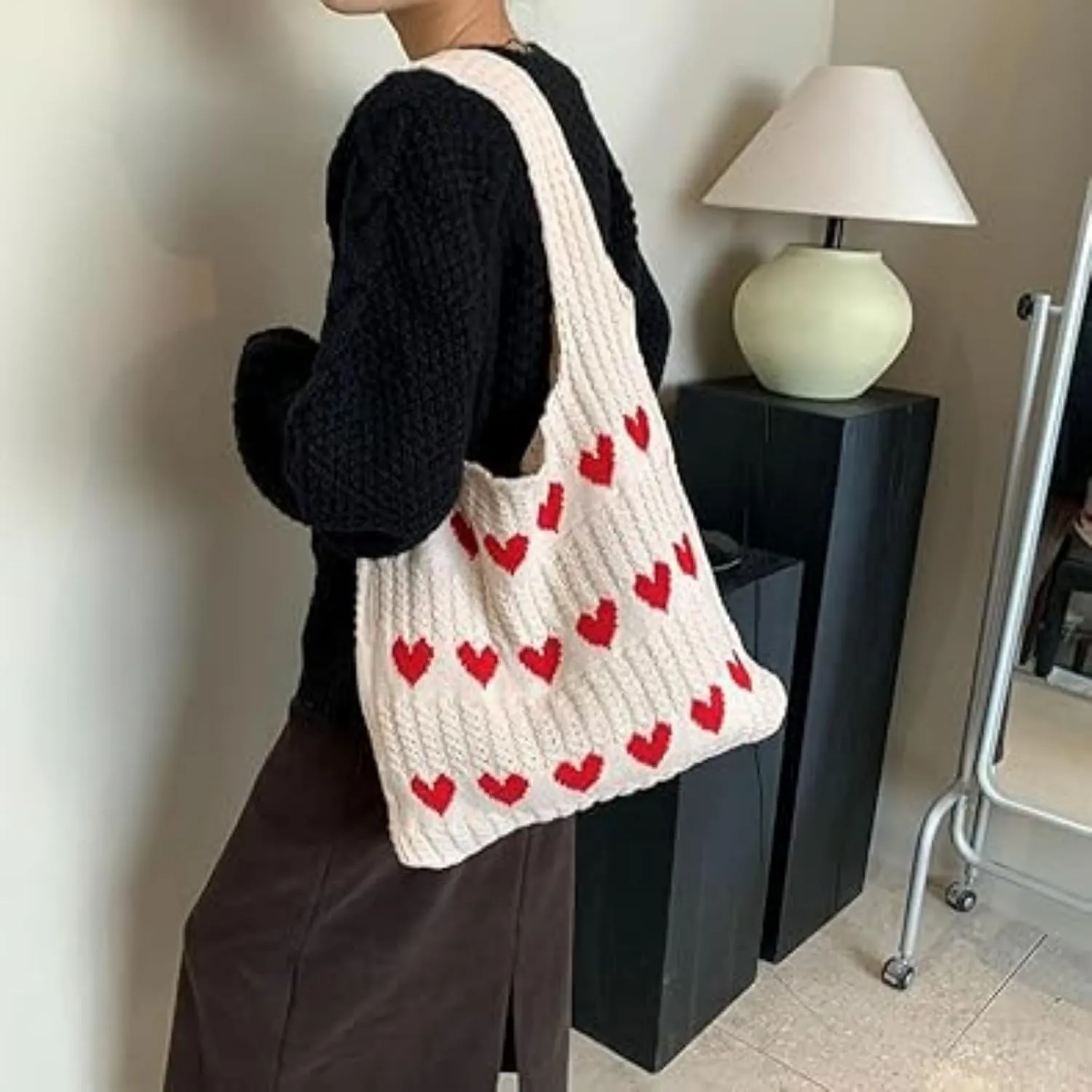 Women's Crochet Tote Bags Boho Tote Bags Heart-shaped Beach Handbags Knit Vacation Aesthetic Casual Love Hobo Bags