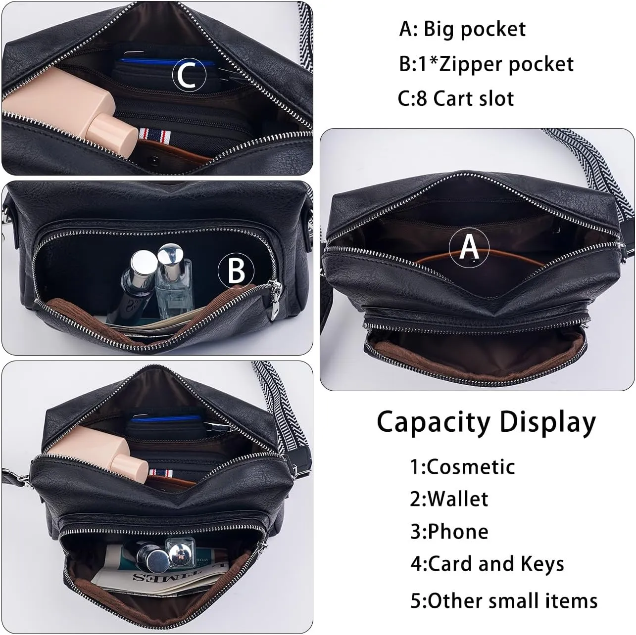 Women's Crossbody Handbags Vegen Leather Purses 2Pcs Hobo Purse Bags Wallet Set with 2 Adjustable Guitar Strap
