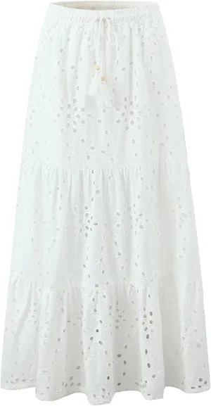 Women's Eyelet Embroidery Ruffle Hem Boho Long Skirt Elastic Waist Flowy A-line Elegant Maxi Skirt White